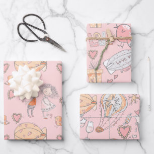Whimsical hot air balloon cute couple birds pink wrapping paper sheet