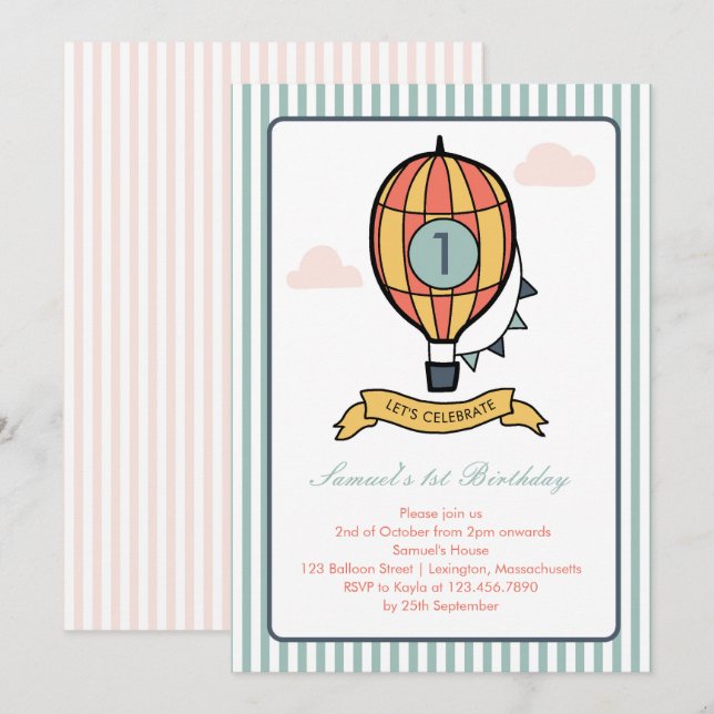 Whimsical Hot Air Balloon First Birthday Invite (Front/Back)