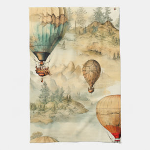 Whimsical Hot Air Balloon Mountain Map Tea Towel