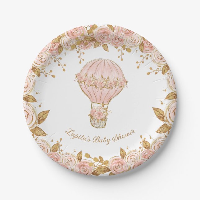Whimsical Hot Air Balloon Rose Baby Shower Paper Plate (Front)