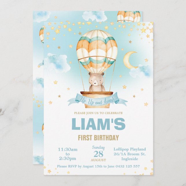 Whimsical Hot Air Balloon Teddy Bear Boy Birthday Invitation (Front/Back)