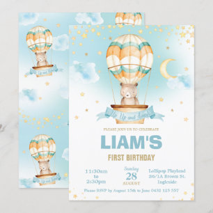 Whimsical Hot Air Balloon Teddy Bear Boy Birthday Invitation