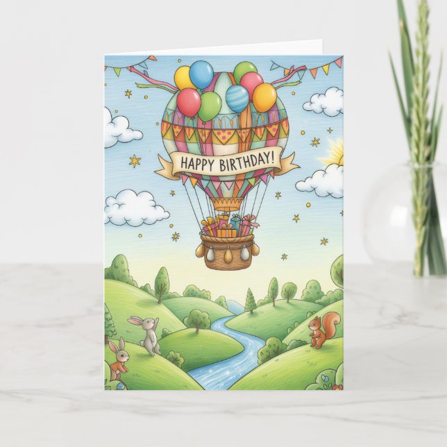 Whimsical Hot Air Balloon Woodland Birthday Card (Front)