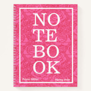 Whimsical Hot Pink and Red Peonies Bold "NOTEBOOK" Notebook