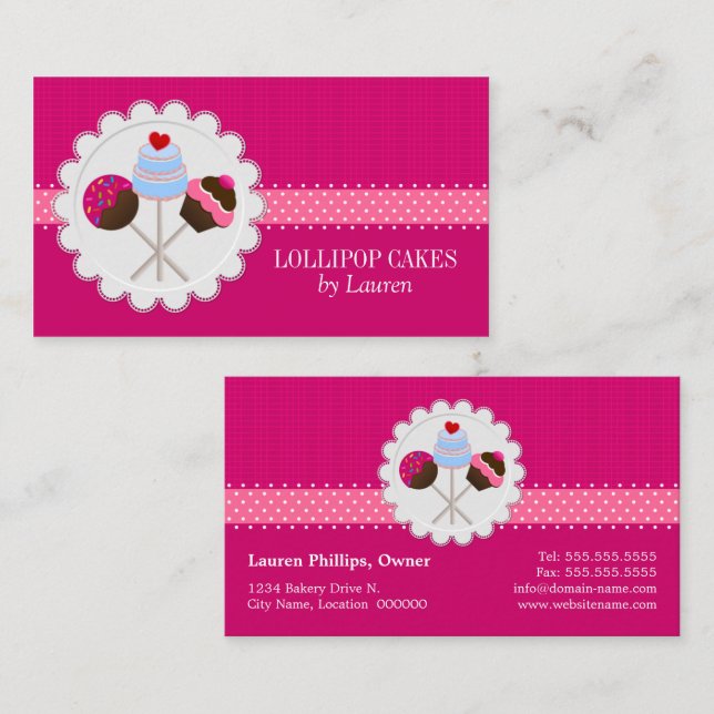 Whimsical Hot Pink Cake Pops Business Card (Front/Back)