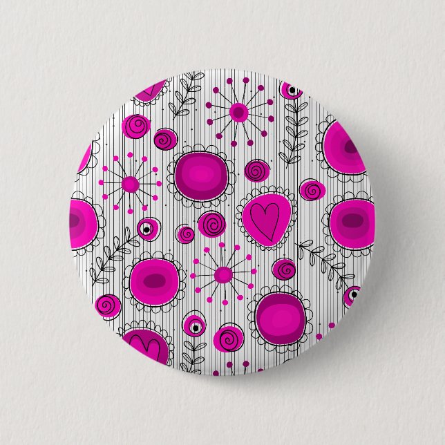 Whimsical hot pink white hearts and flowers floral 6 cm round badge (Front)