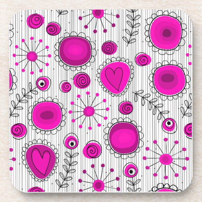 Whimsical hot pink white hearts and flowers floral coaster (Front)