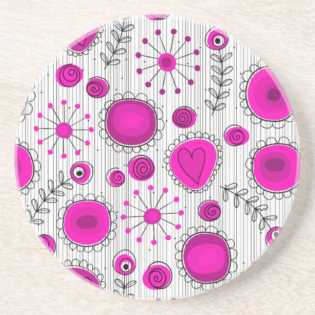 Whimsical hot pink white hearts and flowers floral coaster (Front)