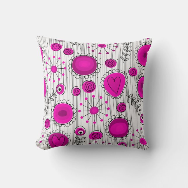 Whimsical hot pink white hearts and flowers floral cushion (Front)