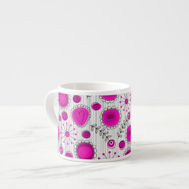 Whimsical hot pink white hearts and flowers floral espresso cup (Front Left)