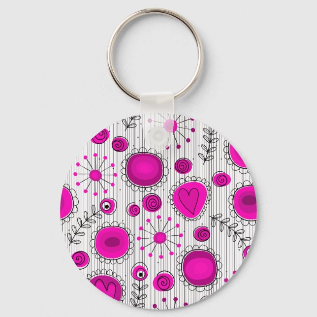 Whimsical hot pink white hearts and flowers floral key ring (Front)