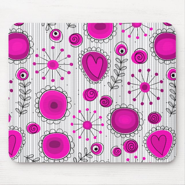 Whimsical hot pink white hearts and flowers floral mouse mat (Front)