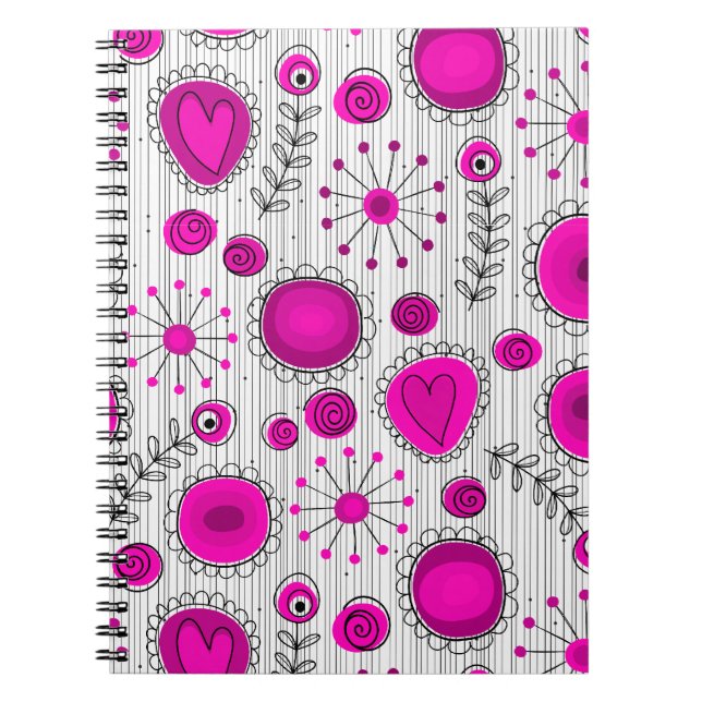 Whimsical hot pink white hearts and flowers floral notebook (Front)