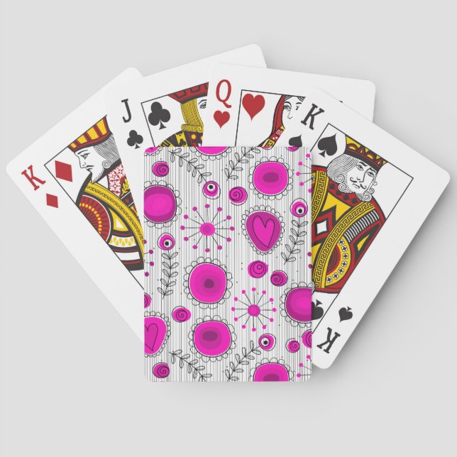 Whimsical hot pink white hearts and flowers floral playing cards (Back)