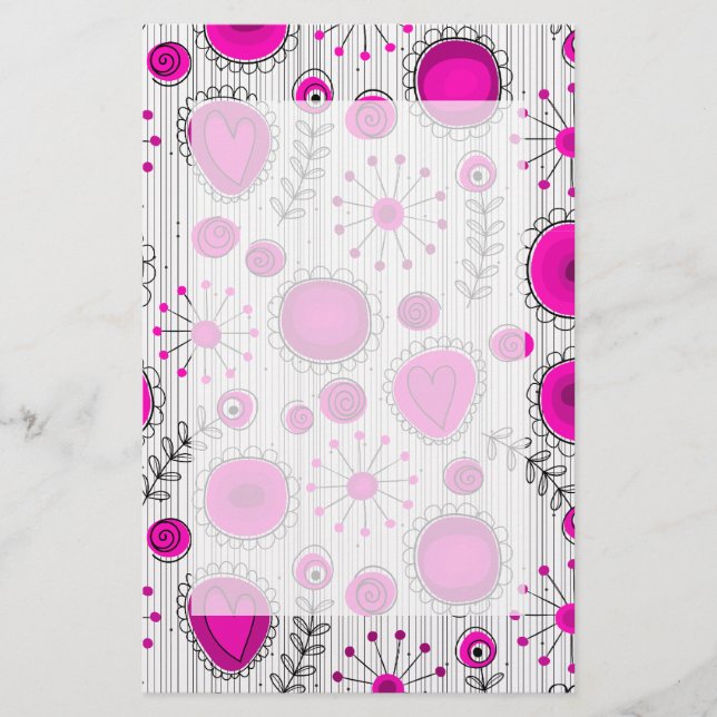Whimsical hot pink white hearts and flowers floral stationery (Front)