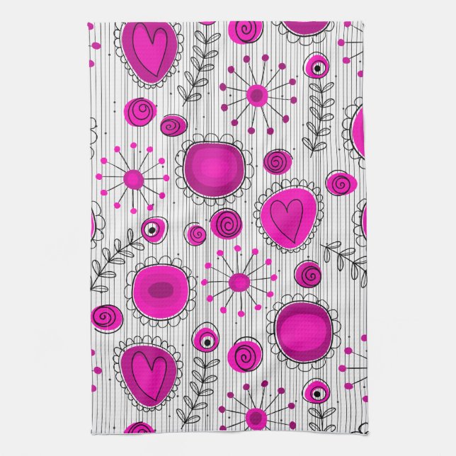 Whimsical hot pink white hearts and flowers floral tea towel (Vertical)