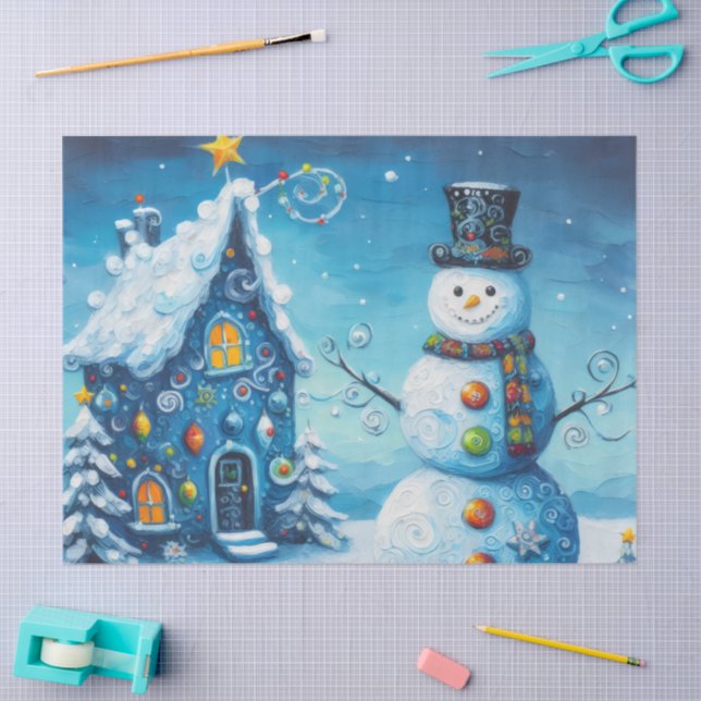 Whimsical House & Snowman Christmas Decoupage Tissue Paper (Craft)