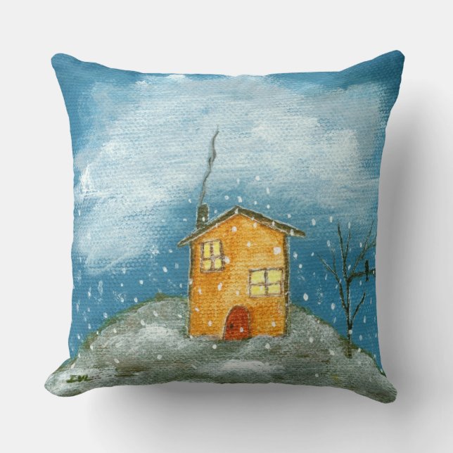 Whimsical House Snowstorm Tree Folk Art Painting Cushion (Front)