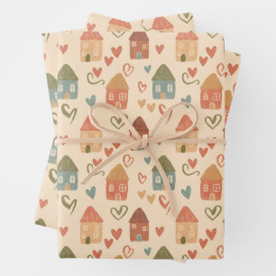 Whimsical houses and hearts wrapping paper sheet