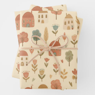 Whimsical houses, trees and flowers wrapping paper sheet