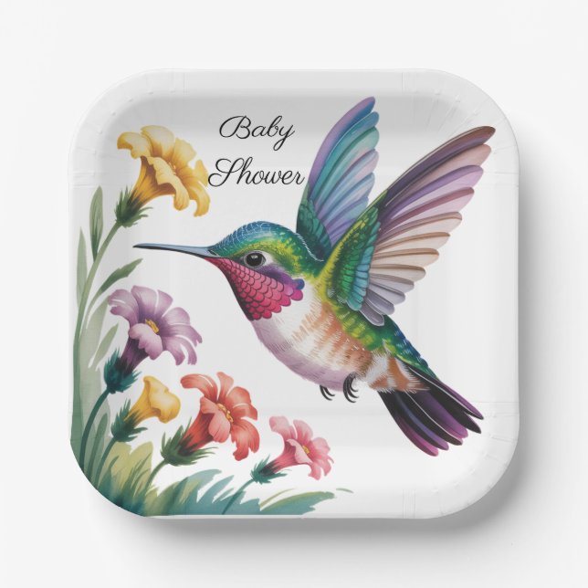 Whimsical Hummingbird Floral Baby Shower Paper Plate (Front)