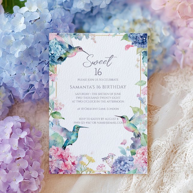 Whimsical Hummingbirds with Hydrangeas Sweet 16 Invitation (Creator Uploaded)