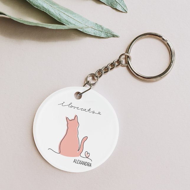 Whimsical I Love Cats Silhouette Custom Name   Key Ring (Creator Uploaded)