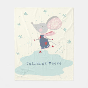 Whimsical Ice Skater Mouse Holiday Name Custom Fleece Blanket