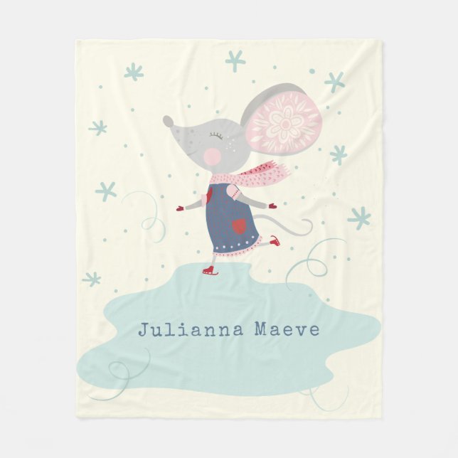 Whimsical Ice Skater Mouse Holiday Name Custom Fleece Blanket (Front)