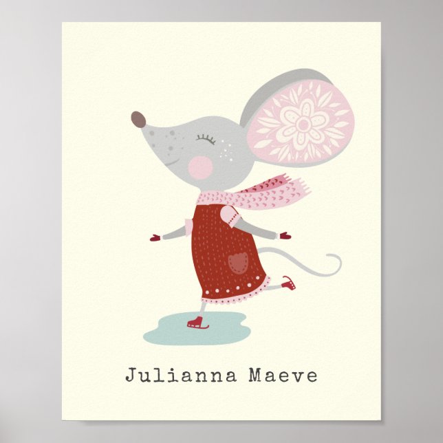 Whimsical Ice Skater Mouse Holiday Name Custom Poster (Front)
