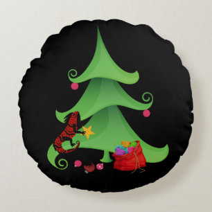 Whimsical Iguana Oh Christmas Tree Round Cushion