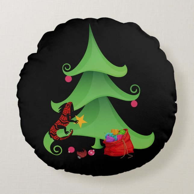 Whimsical Iguana Oh Christmas Tree Round Cushion (Front)