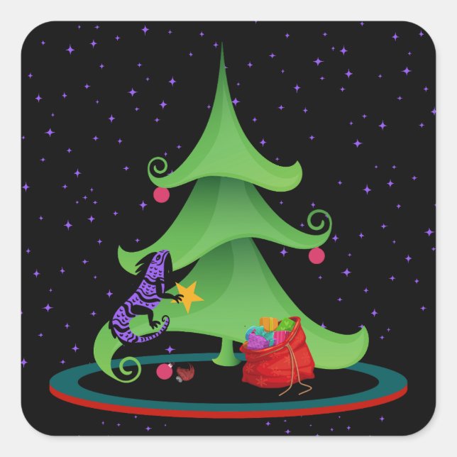 Whimsical Iguana Oh Christmas Tree Square Sticker (Front)