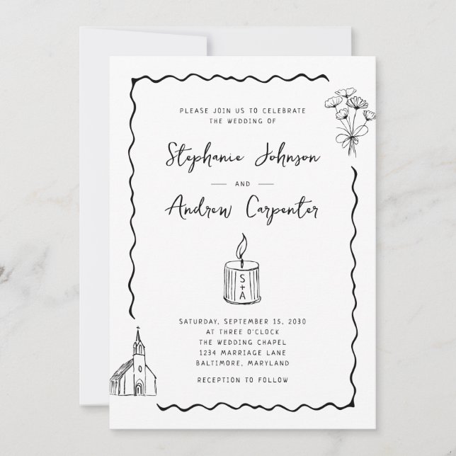 Whimsical Illustrated Black and White Wedding Invitation (Front)