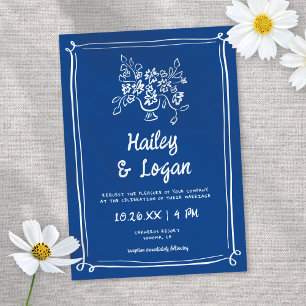 Whimsical Illustrated Blue Hand-drawn Fun Wedding Invitation