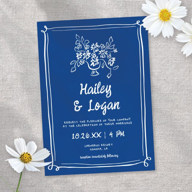 Whimsical Illustrated Blue Hand-drawn Fun Wedding Invitation (Creator Uploaded)