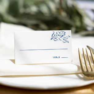 Whimsical Illustrated Blue Hand-drawn Fun Wedding Place Card