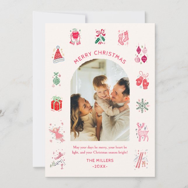Whimsical Illustrated Colorful Christmas Photo Holiday Card (Front)