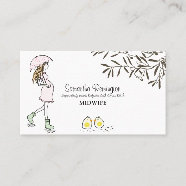 Whimsical Illustrated Midwife Doula Pregnant Mum Business Card (Front)