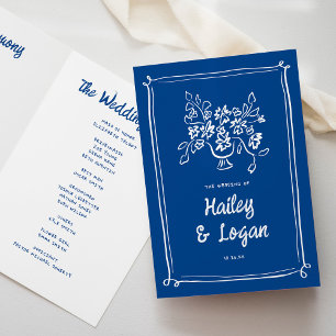 Whimsical Illustrated Modern Blue Wedding Ceremony Programme