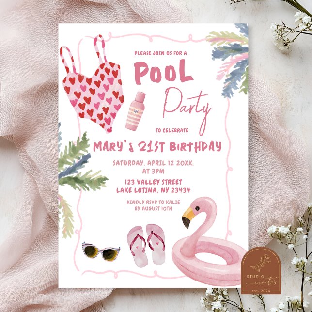 Whimsical Illustration Girl Pool Party Invitation (Creator Uploaded)