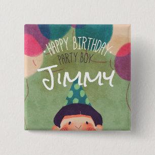 Whimsical Illustration Happy Birthday Party Boy 15 Cm Square Badge