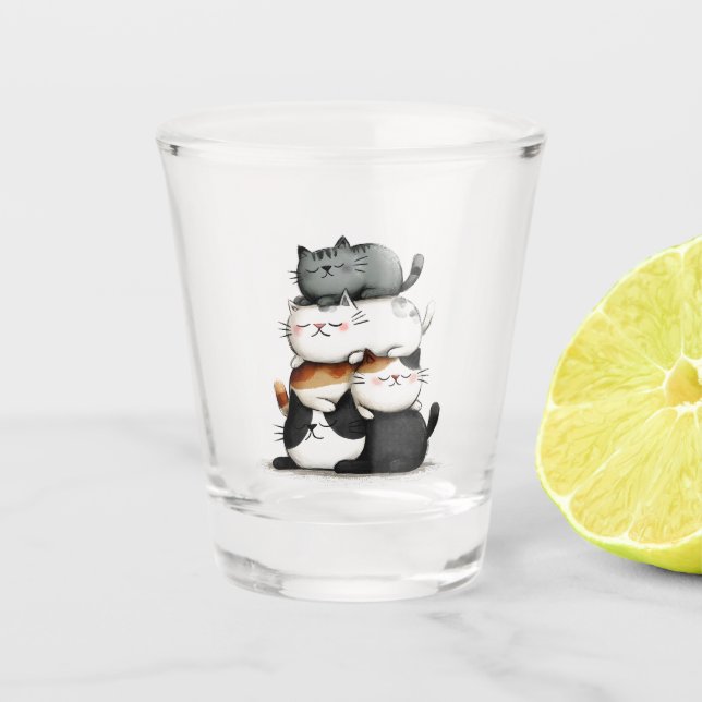 Whimsical Illustration of a Stack of Adorable Cats Shot Glass (Front)