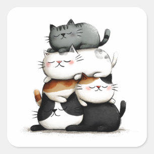 Whimsical Illustration of a Stack of Adorable Cats Square Sticker