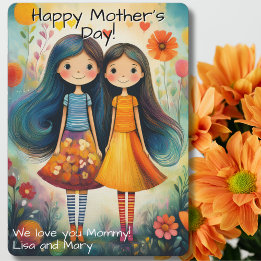 Whimsical illustration of two girls Mother’s Day