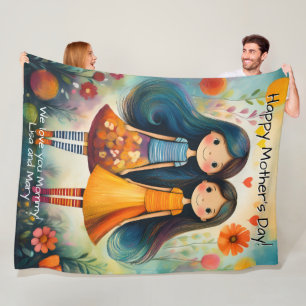 Whimsical illustration of two girls Mother’s Day Fleece Blanket