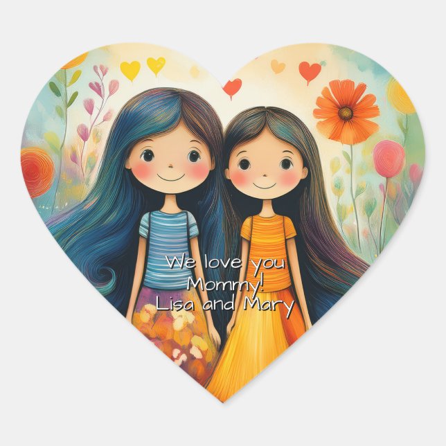 Whimsical illustration of two girls Mother’s Day Heart Sticker (Front)
