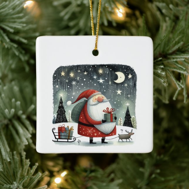 Whimsical Illustration Santa Claus with Gifts Ceramic Ornament (Tree)