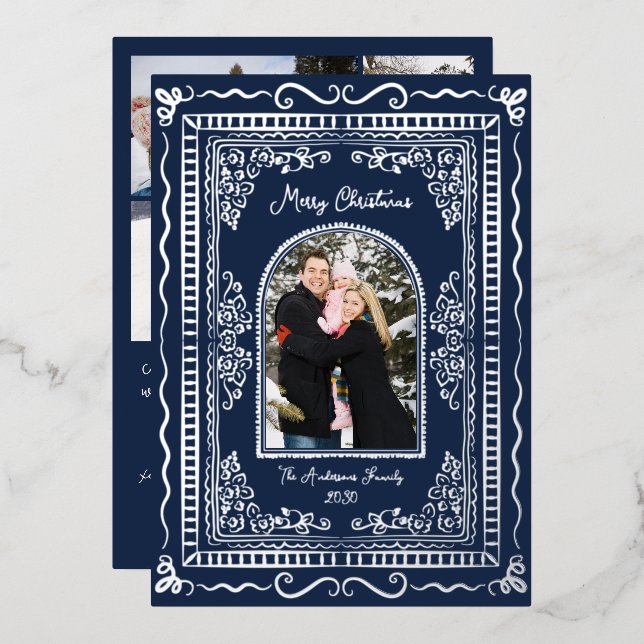 Whimsical Illustrative Christmas Five Photo Foil Holiday Card (Front/Back)