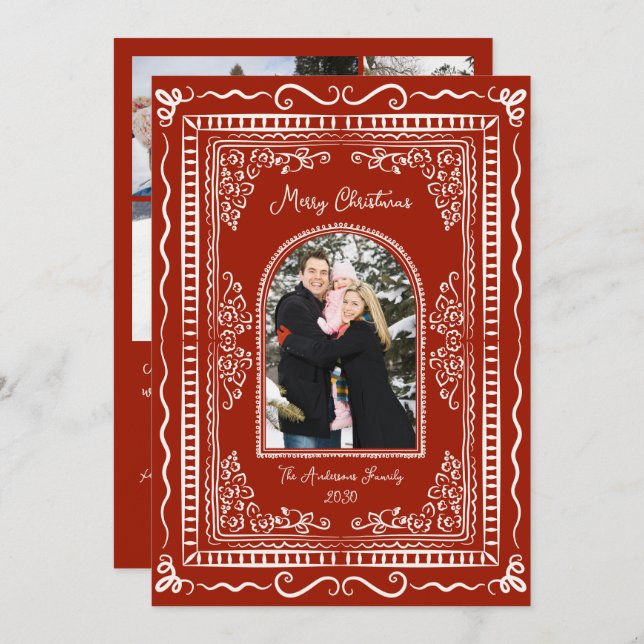 Whimsical Illustrative Christmas Five Photo Holiday Card (Front/Back)